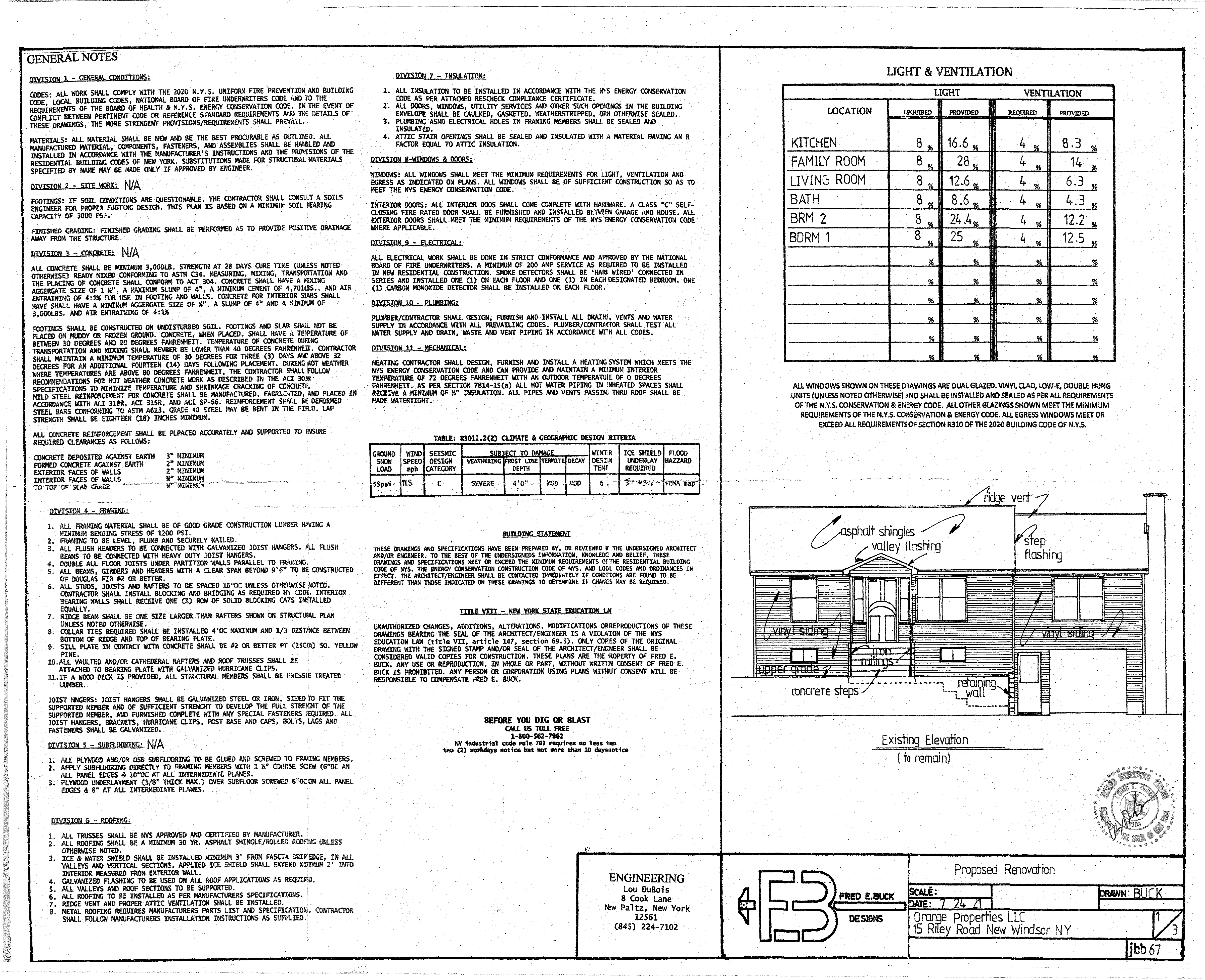 Architectural Sheet 1 showing general notes, light and ventilation schedule, and existing elevation for 15 Riley Road