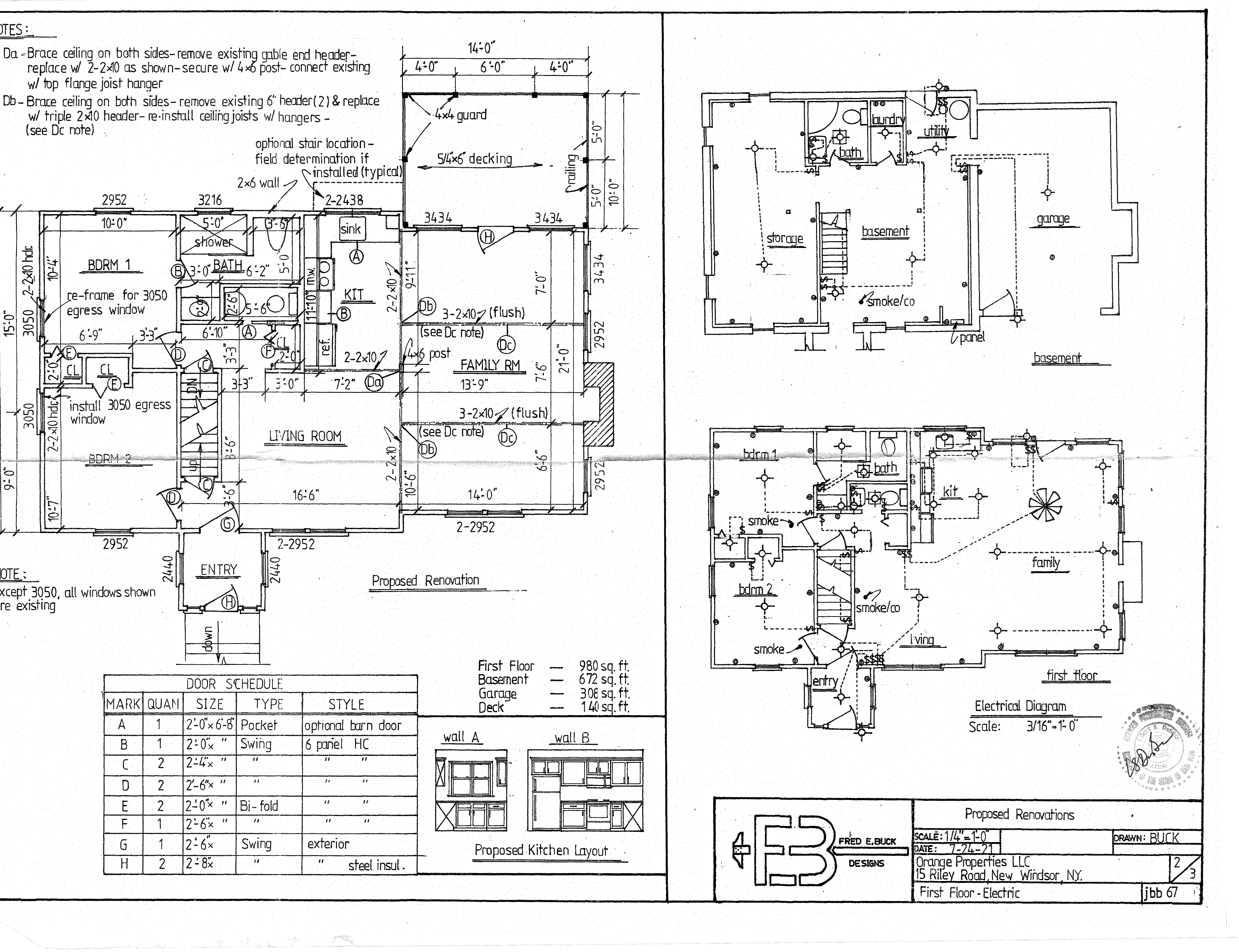 Architectural Sheet 2 showing proposed first-floor plan, electrical diagrams, door schedule, and kitchen layout