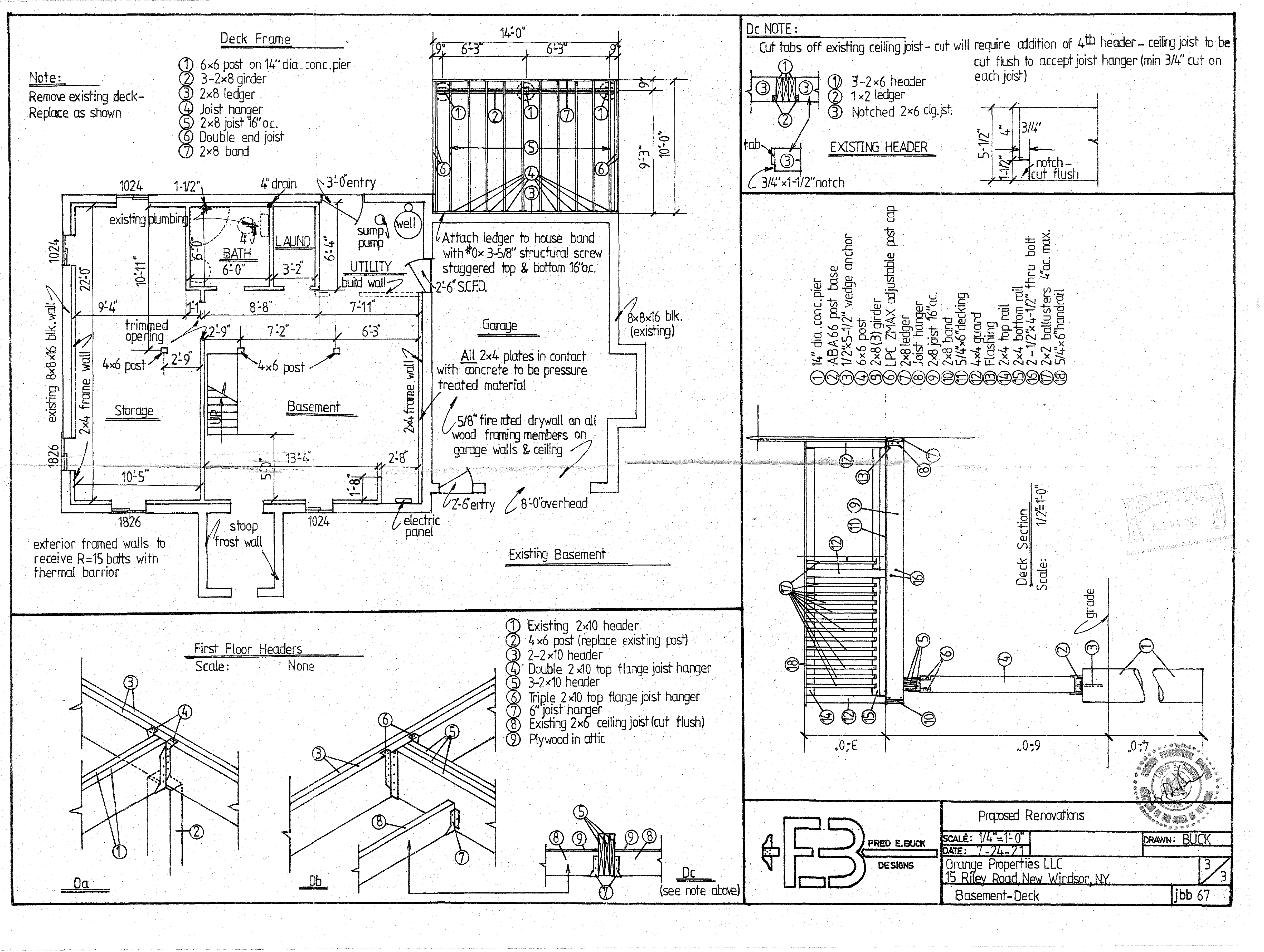 Architectural Sheet 3 showing basement plan, deck framing, header details, and deck section