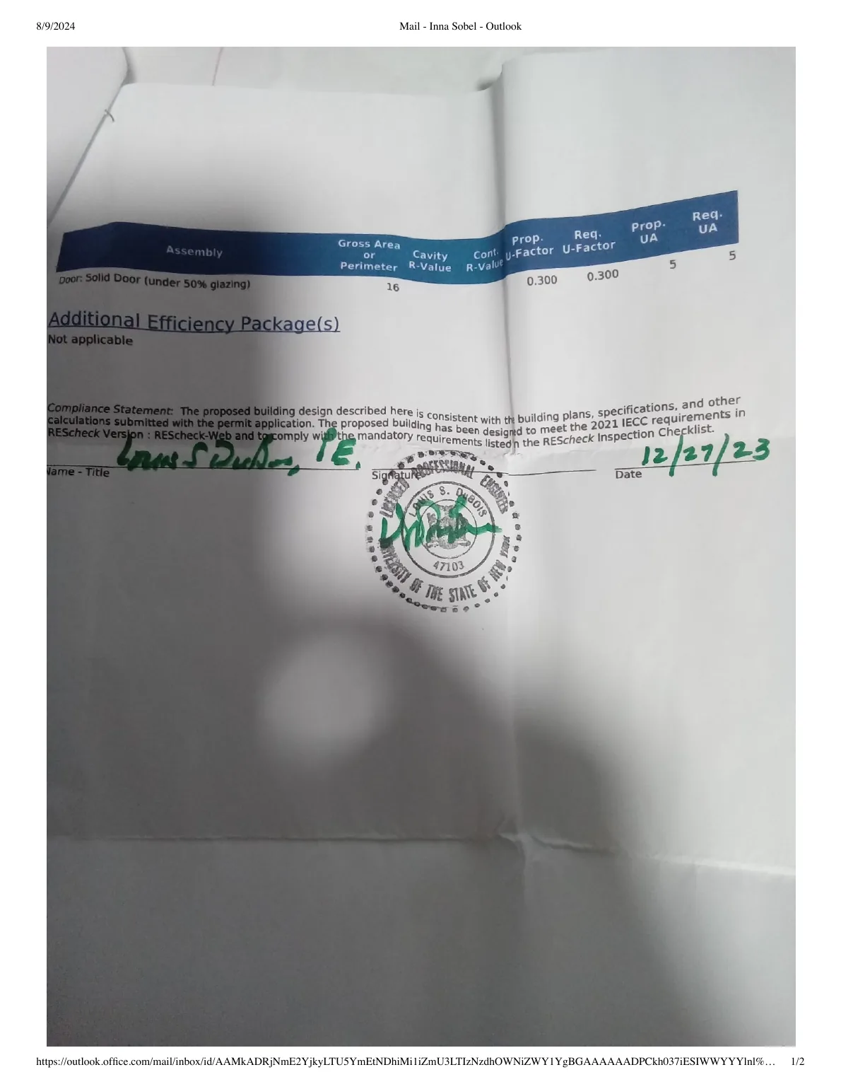 Page 1 of the foundation approval source record showing a signed and stamped compliance statement dated December 27, 2023