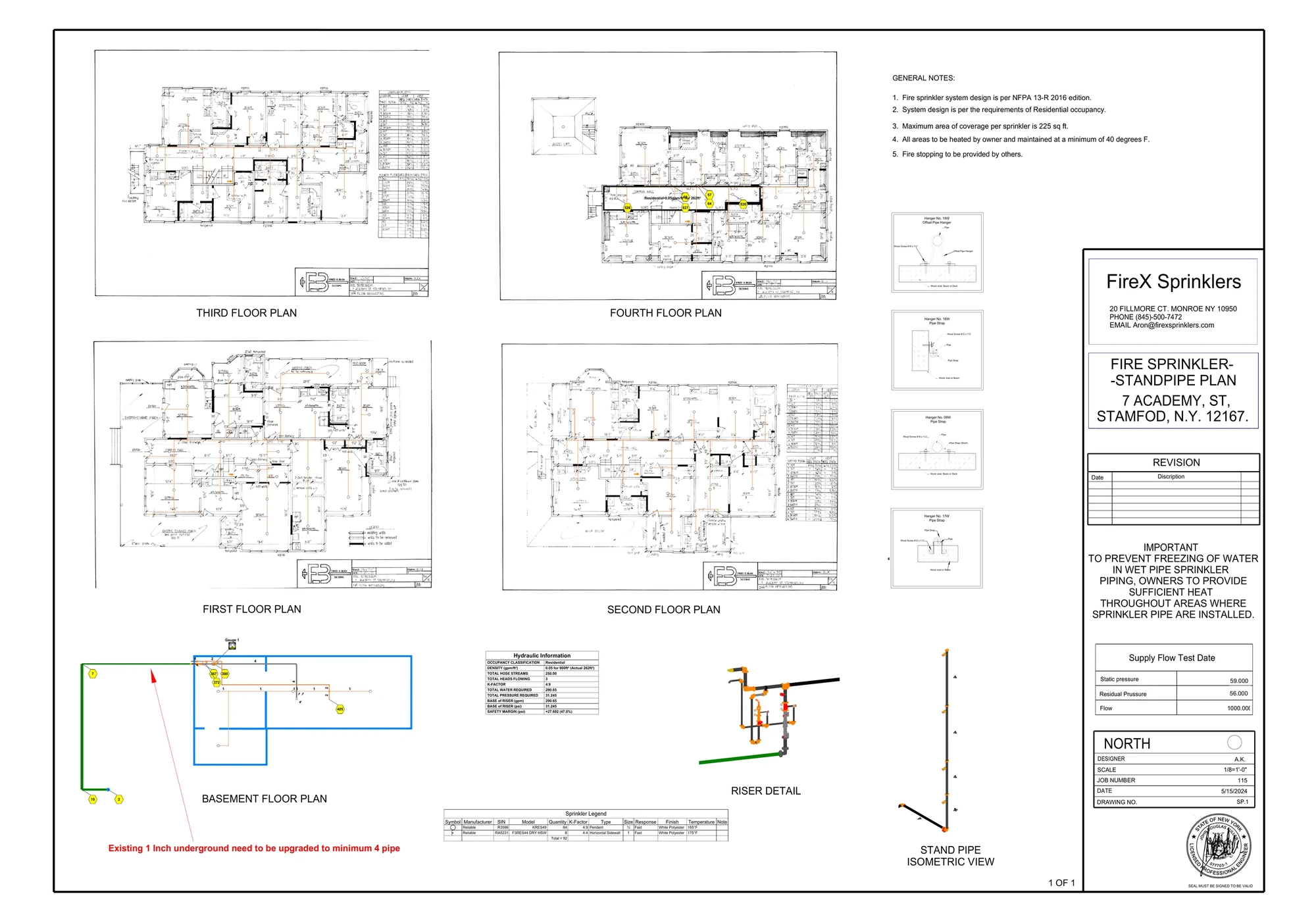 Overall fire sprinkler and standpipe planning sheet for 7 Academy Street