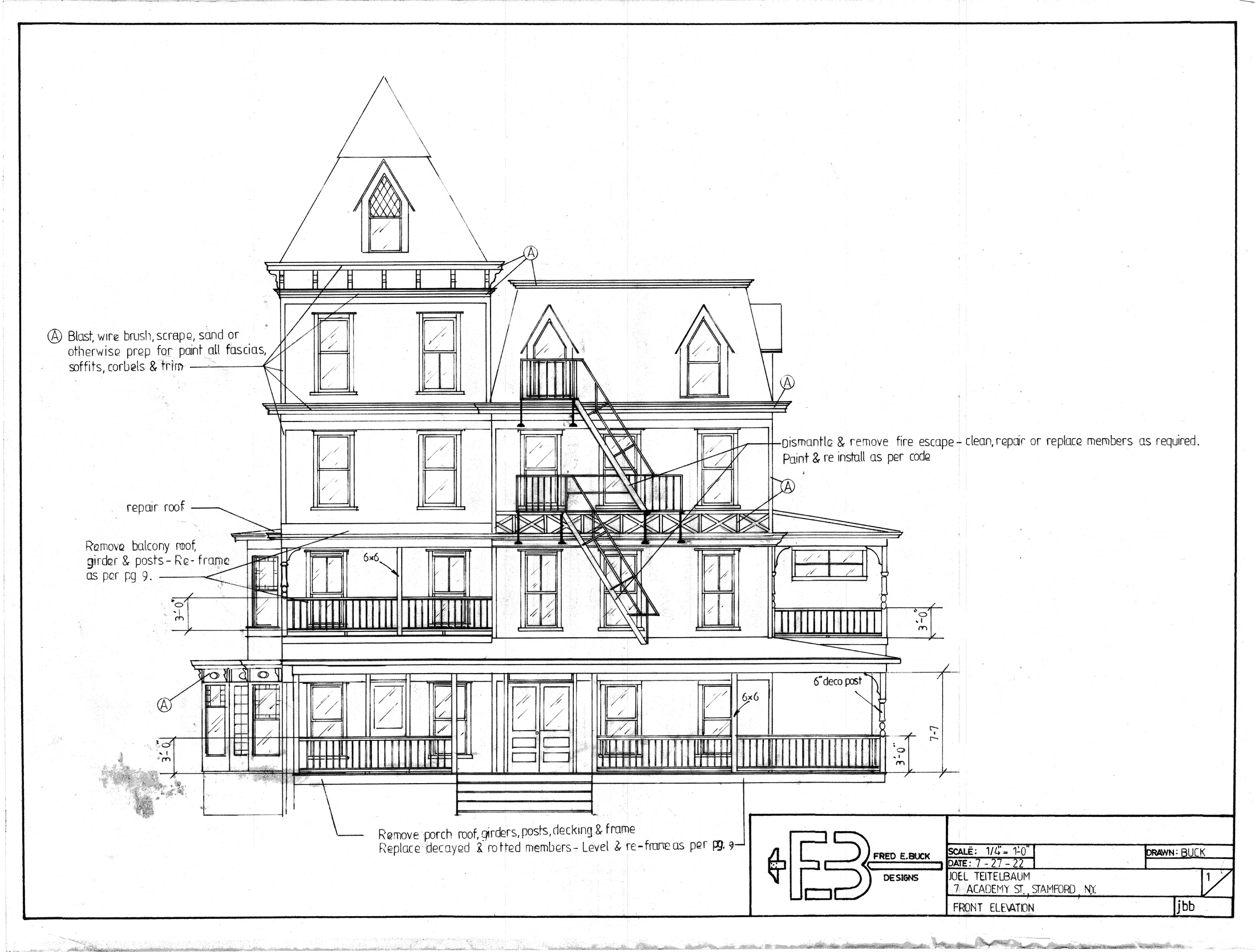 Front elevation and exterior repair notes for 7 Academy Street
