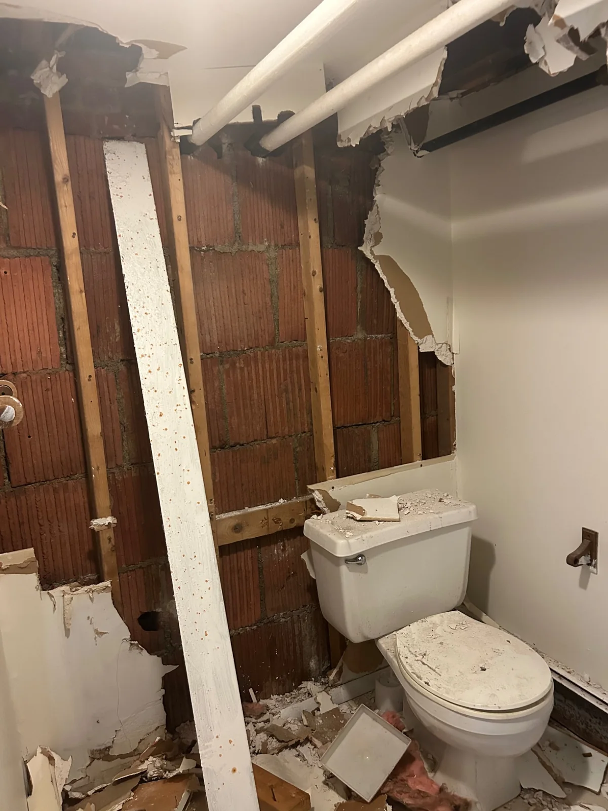 Bathroom during selective demolition with exposed masonry and framing
