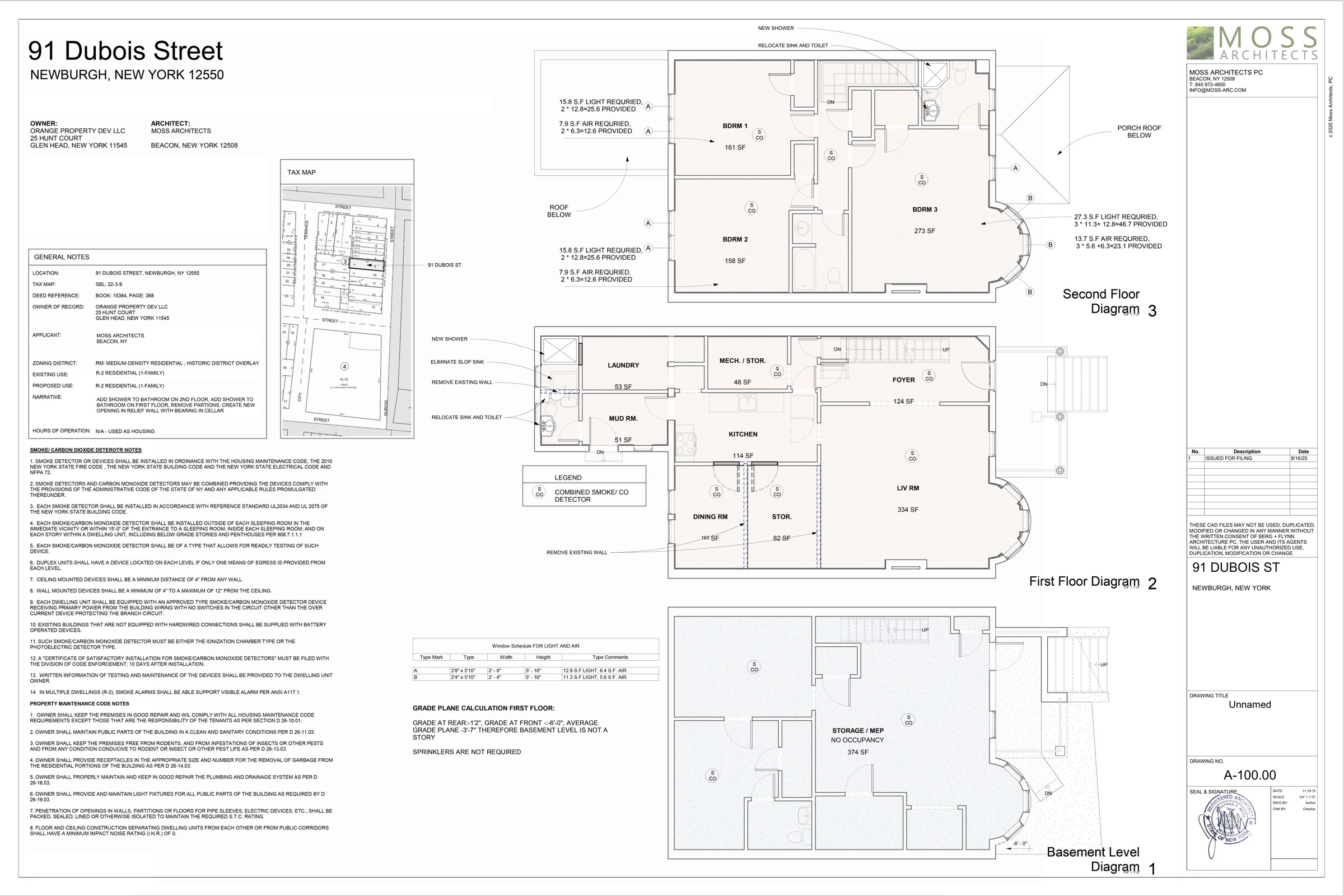 Architectural filing plan for 91 Dubois Street showing basement, first-floor, and second-floor diagrams